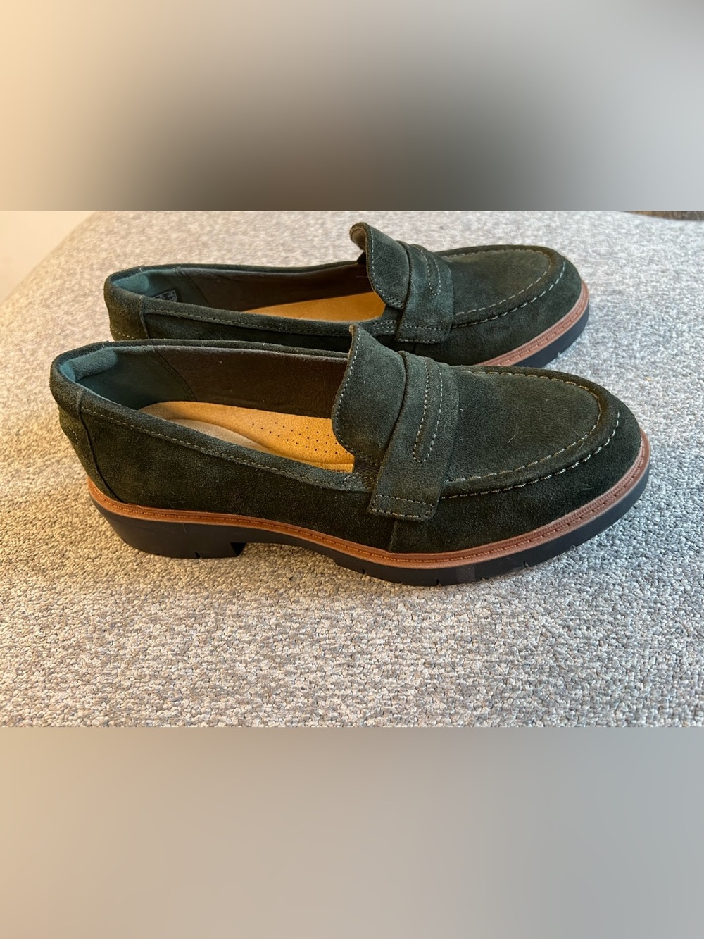 Clarks Women’s Dark Green Suede Penny Loafers with Brown Trim - Picture 2 of 8